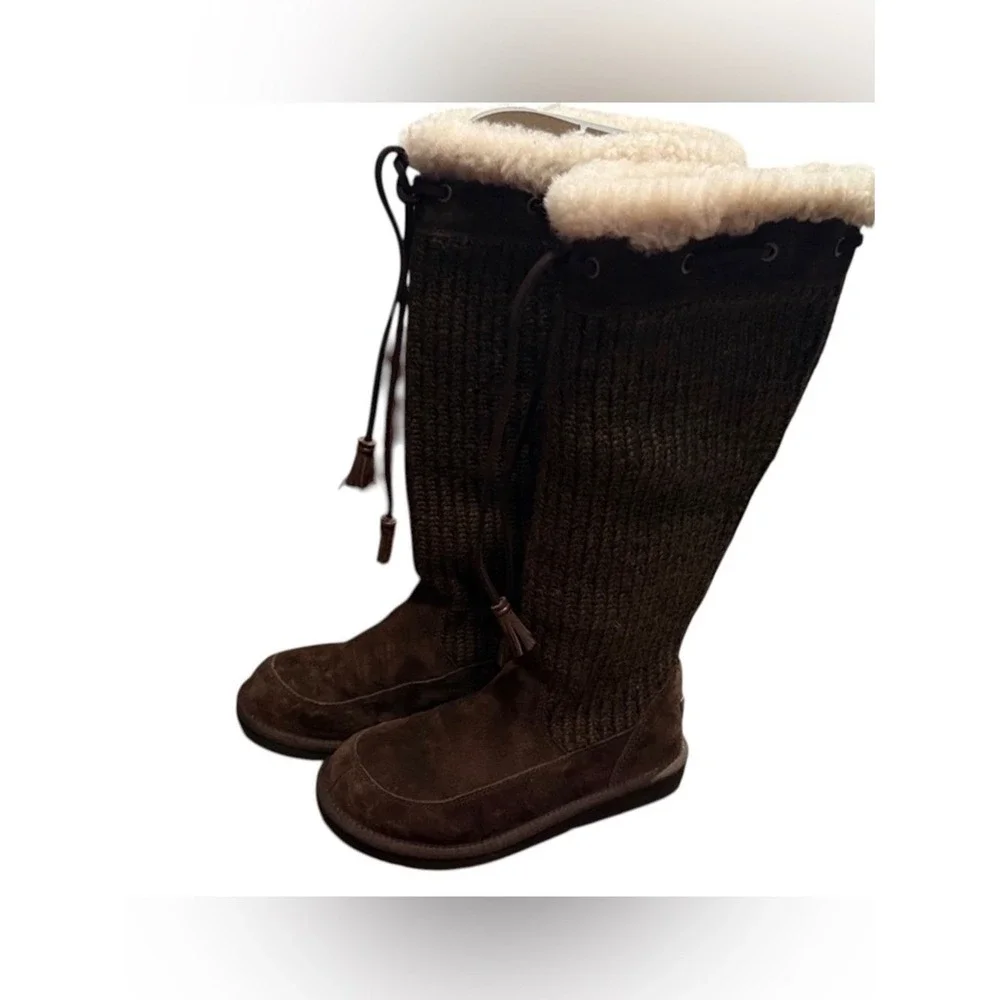 UGG Suburb Crochet Tall Women 7 Espresso  Suede‎ Knit Boots 5733